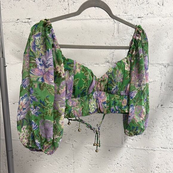 Floral Green Puff Sleeve Long Sleeve Crop Top - Open Back Ties - Size Medium - Picture 1 of 4